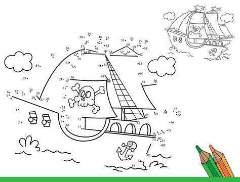 Puzzle Game for kids: numbers game. Coloring Page Outline Of cartoon pirate ship. Sailboat with black sails with skull in sea. Coloring Book for children.