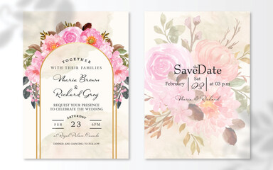 Gorgeous Rustic Pink Watercolor Floral With Abstract Stain Wedding Invitation Set