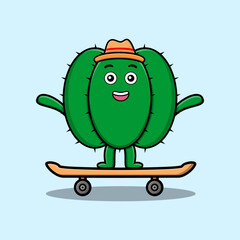 cute cartoon cactus standing on skateboard with cartoon vector illustration style