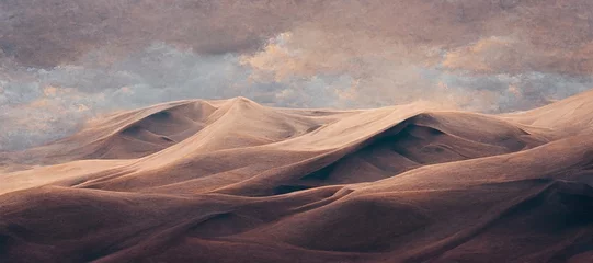 Foto op Plexiglas Endless desolate desert dunes, far horizon with spectacular clouds. Waves of surreal sand fabric folds landscape. Minimalist lost and overwhelming lonely feeling - moody subdued brown color tones. © SoulMyst