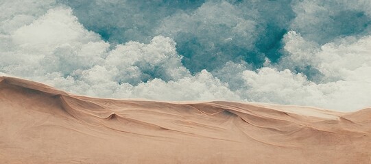 Endless desolate desert dunes, far horizon with spectacular clouds. Waves of surreal sand fabric folds landscape. Minimalist lost and overwhelming lonely feeling - moody subdued brown color tones.