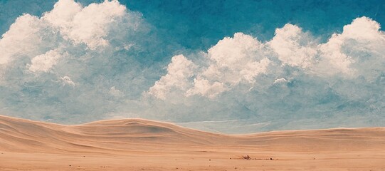Endless desolate desert dunes, far horizon with spectacular clouds. Waves of surreal sand fabric folds landscape. Minimalist lost and overwhelming lonely feeling - moody subdued brown color tones.
