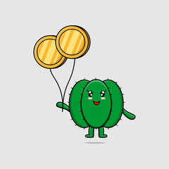 Cute cartoon cactus businessman floating with gold coin balloon cartoon vector illustration 