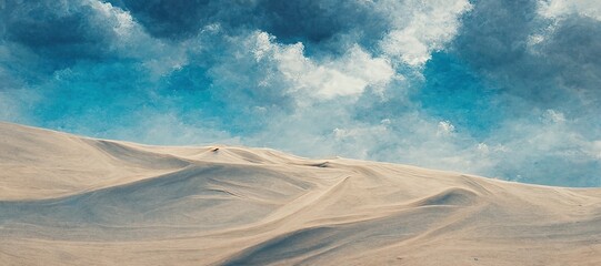 Endless desolate desert dunes, far horizon with spectacular clouds. Waves of surreal sand fabric folds landscape. Minimalist lost and overwhelming lonely feeling - moody subdued blue color tones.