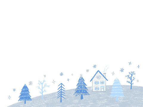 Christmas landscape Blue and silver Simple and cute hand drawn illustration / クリスマスの風景 ブルーとシルバーのシンプルでかわいい手描きイラスト