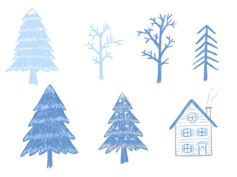 Christmas landscape Blue and silver Simple and cute hand drawn illustration / クリスマスの風景 ブルーとシルバーのシンプルでかわいい手描きイラスト