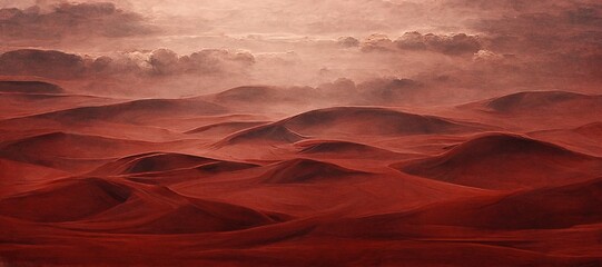 Endless desolate desert dunes, far horizon with spectacular clouds. Waves of surreal sand fabric folds landscape. Minimalist lost and overwhelming lonely feeling - moody subdued red color tones.