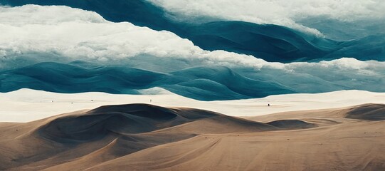 Fototapeta na wymiar Endless desolate desert dunes, far horizon with spectacular clouds. Waves of surreal sand fabric folds landscape. Minimalist lost and overwhelming lonely feeling - moody subdued brown color tones.