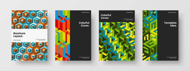Fototapeta premium Colorful geometric hexagons handbill template bundle. Original corporate brochure A4 design vector layout set.
