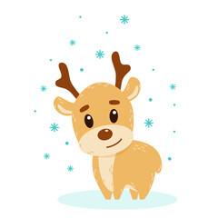 Cute little deer and falling snowflakes.