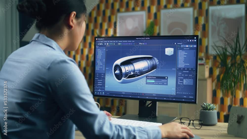 Poster female 3d designer using pc with professional program and creating 3d prototype of airplane turbine 