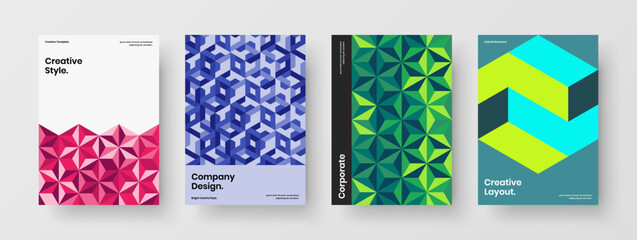Multicolored mosaic hexagons poster concept composition. Clean journal cover A4 vector design illustration collection.