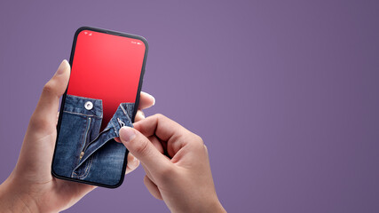 Woman stripping jeans on smartphone
