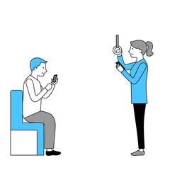 電車内でスマホを使用する男性と女性のイラスト（白背景・ベクター・切り抜き）