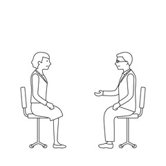 カウンセリング中の男性医師と女性のイラスト（白背景・ベクター・線画・切り抜き）