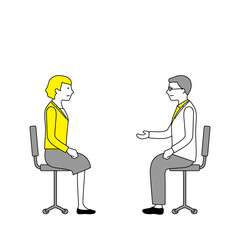 カウンセリング中の男性医師と女性のイラスト（白背景・ベクター・切り抜き）