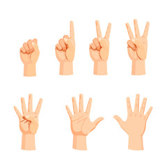 Set of gestures for learning to count. Fingers, palms in different positions. Vector