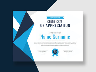 Blue Appreciation & Achievement Certificate Template Design, clean and modern pattern, a4 template