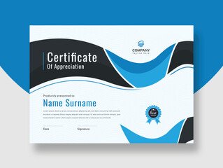 Blue Appreciation and Achievement Certificate Template Design, clean and modern pattern, a4 template