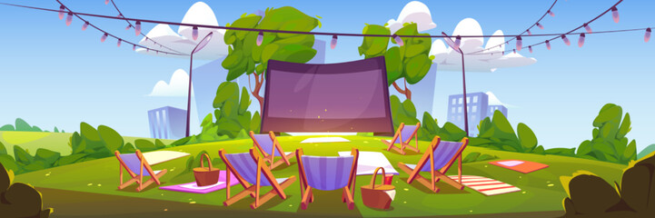 Outdoor cinema at summer city park landscape. Open air movie theater with chairs, mats and picnic baskets front of large outdoors screen on cityscape skyline background, Cartoon vector illustration