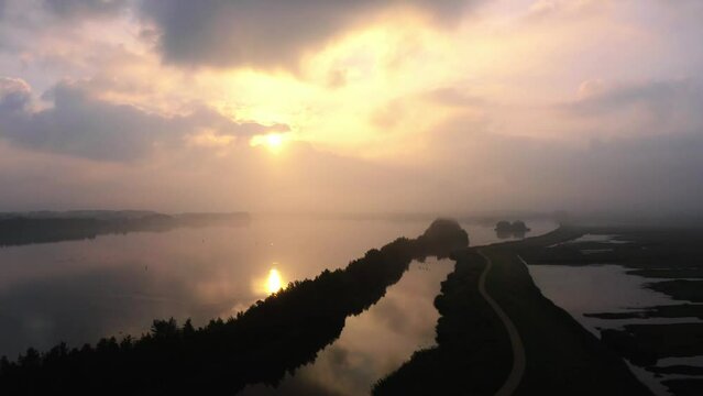 Early morning landscape in Arkemheen polder Oostzijde amazing aerial drone view