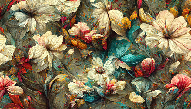 Artistic abstract flower pattern gorgeous flowers and petals ornament art design nature leaf illustration drawing, digital floral print painting vintage style wallpaper or background