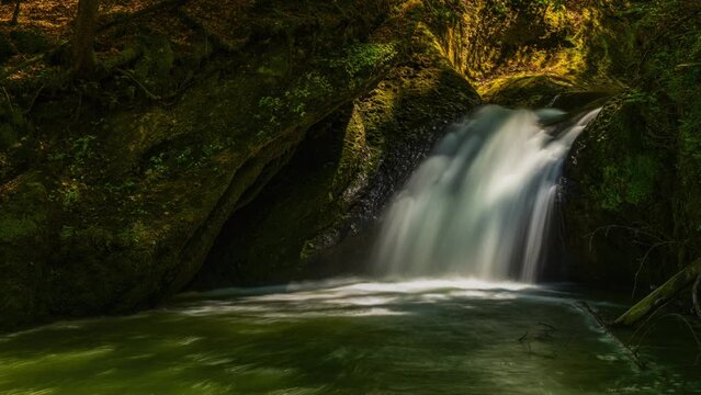 Waterfall at the Eissteg in the Eistobel, near Isny, Allgaeu, Bavaria, Germany, time-lapse 4K, Europe