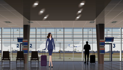 Stewardess at the airport, in the waiting room. Vector.