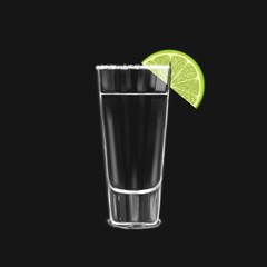 Shot glass of tequila with lime slice and salt isolated glass of drink on dark background, realistic illustration of mexican cocktail on black.