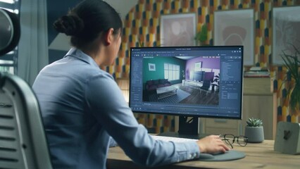 Female designer working remotely from home office and making 3D visualization of house interior in computer program using pc