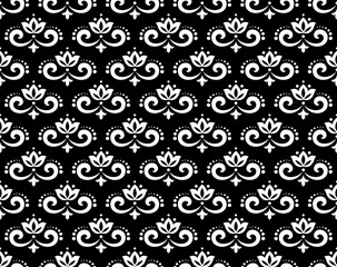Flower geometric pattern. Seamless vector background. White and black ornament. Ornament for fabric, wallpaper, packaging. Decorative print
