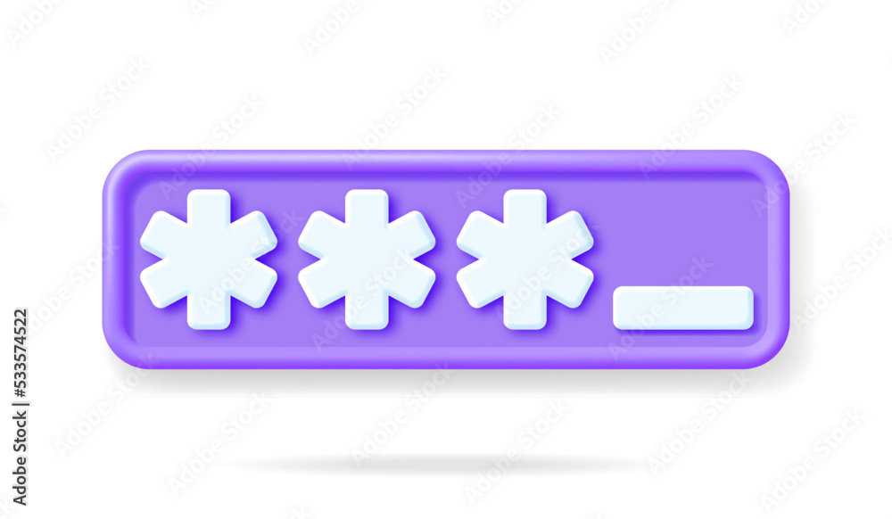 Poster 3d locked password field isolated on white. render password hidden stars in wide shape. computer dat