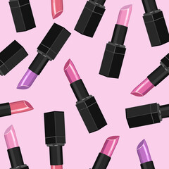 Obraz premium Seamless lipstick pattern in pink tones on a pale pink background.Vector pattern can be used in textiles, cosmetics packaging,wallpaper.