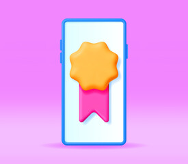 3D Medal with Ribbon on Phone Screen. Render Certificate Seal on Smartphone. Online Education Concept, Internet Business Graduation. School and University. Achievement and Goal. Vector illustration
