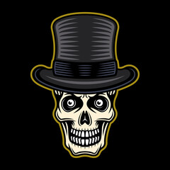 Gentleman skull in cylinder hat vector illustration in vintage colorful style on dark background, apparel design, t-shirt template