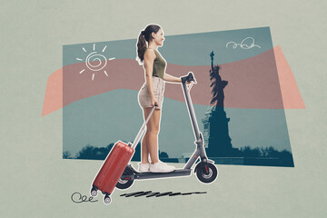 Traveller woman riding a scooter, vintage poster design