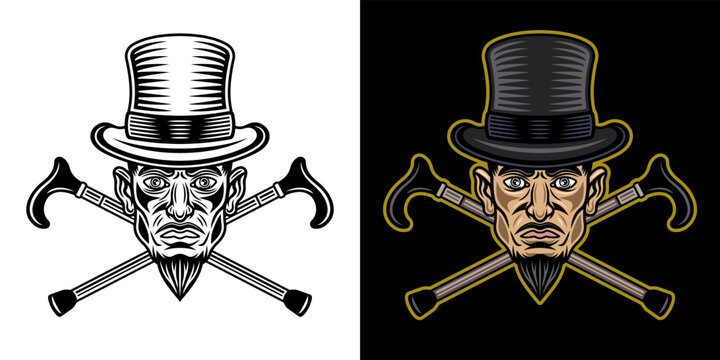 Magician in cylinder hat and two crossed canes man with and goatee beard vector illustration in two styles black on white and colorful on dark background