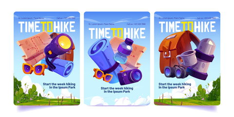 Set of cartoon hiking and travel promo banners. Vector illustration of tourism, camping accessories, map, camera, flashlight in backpack against blue summer sky and green field landscape. Flyer layout