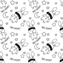 Seamless pattern for pijamas with bunny. Sweet dreams