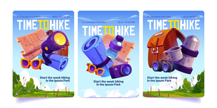 Set Of Cartoon Hiking And Travel Promo Banners. Vector Illustration Of Tourism, Camping Accessories, Map, Camera, Flashlight In Backpack Against Blue Summer Sky And Green Field Landscape. Flyer Layout