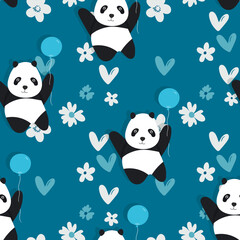 Seamless pattern with cute panda baby on color floral background. Funny asian animals. Card, postcards for kids. Flat vector illustration for fabric, textile, wallpaper, poster, gift wrapping paper