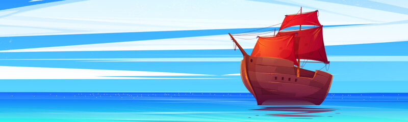 Cartoon old wooden boat with scarlet sails floating on tranquil sea surface. Vector illustration of retro vessel sailing under clear blue sky. Symbol of dream, hope for love and new better life