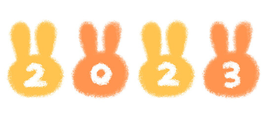 黄色とオレンジのふわふわうさぎ　2023　年賀状イラスト素材