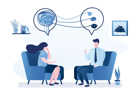 Businesswoman consults with psychoanalyst. Psychological and medical assistance. Unhappy woman talking with psychotherapist. Private conversation, discussion of mental problems.