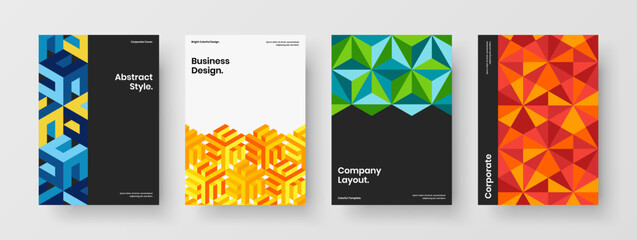 Bright geometric hexagons company brochure template collection. Trendy leaflet design vector layout composition.