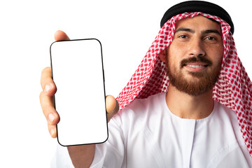 Young Arab muslim man in traditional clothes showing mobile phone isolated on a white background