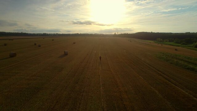 A lone man with a backpack walking across a harvested field with straw bales to a romantic sunset in the distance. Escape from the urban city to quiet nature