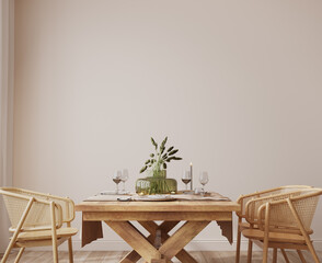 Room mockup in Scandinavian dining room design, rattan chairs and wooden dining table on bright beige interior background, 3d render
