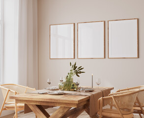 Frame mockup in Scandinavian dining room design, rattan chairs and wooden dining table on bright beige interior background, 3d render