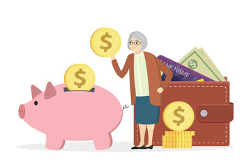 Happy grandmother puts coins in piggy bank, retirement savings, money plan. Pension fund, concept. Woman save up money for comfortable old age. Elderly woman with bank deposit and wallet.